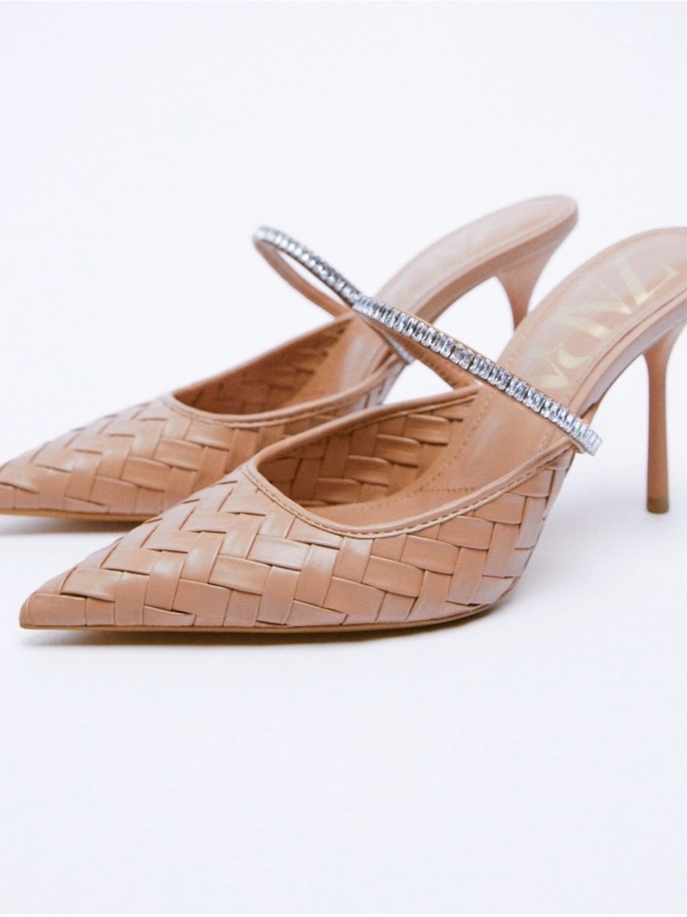 Zara Nude Woven Pointed Mule with Crystal Strap